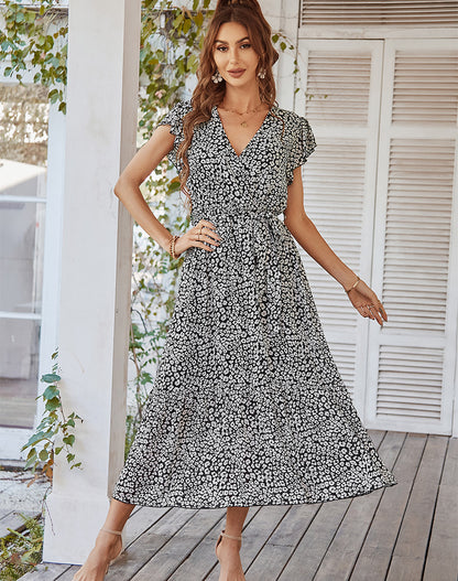 V-neck Floral Print Lace-up Casual Midi Dress