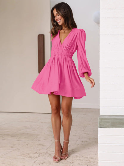 V-neck Long-Sleeved French Pleated Mini Dress