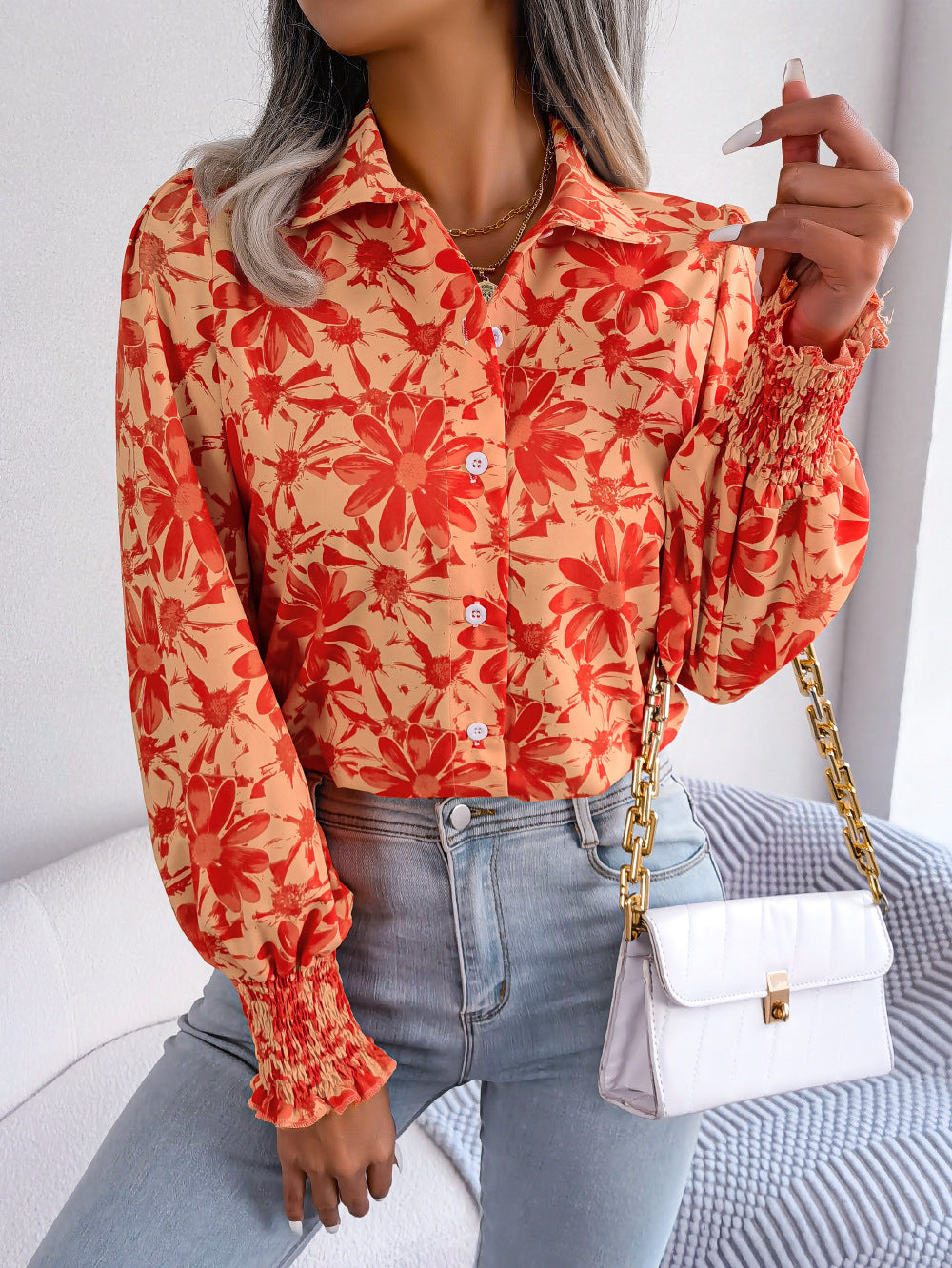 Lantern Sleeve Floral Print Shirt