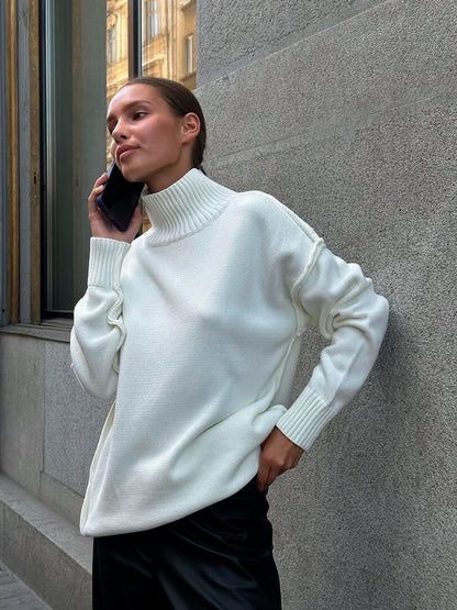 Solid Color High Neck Long Sleeve Knitted Sweater