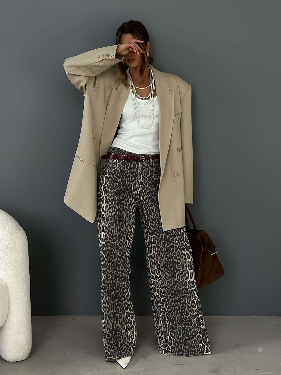 Leopard Print Wide-Leg Floor-Length Pants