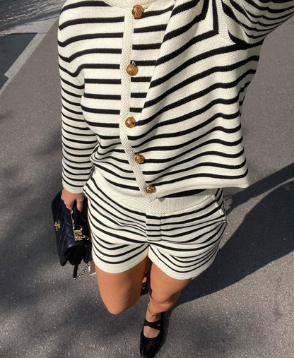 Vintage Striped Crew Neck Knit Top And Short Set