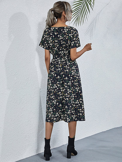 Fashion Casual Small Floral Short-sleeved Midi Dresses