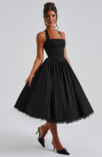 Strappy Bow Waisted Mesh Puffy Midi Dress