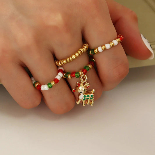 Christmas Beaded Pendant Rings Set