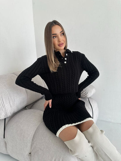 Solid Color Slim Knit Long Sleeve Skirt Two-Piece Set