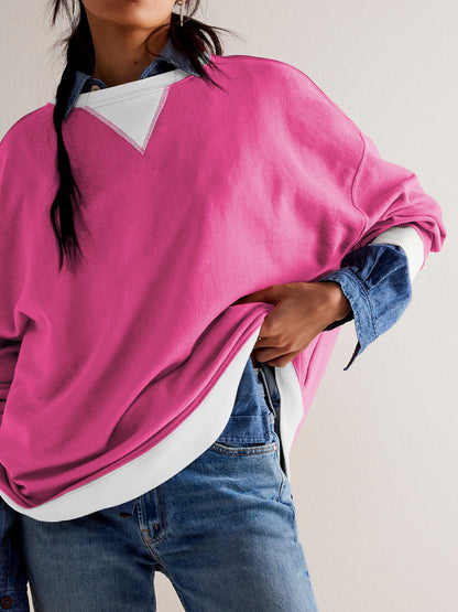 Color Contrast Crew-Neck Dropped Shoulder Long-Sleeved Sweatshirt