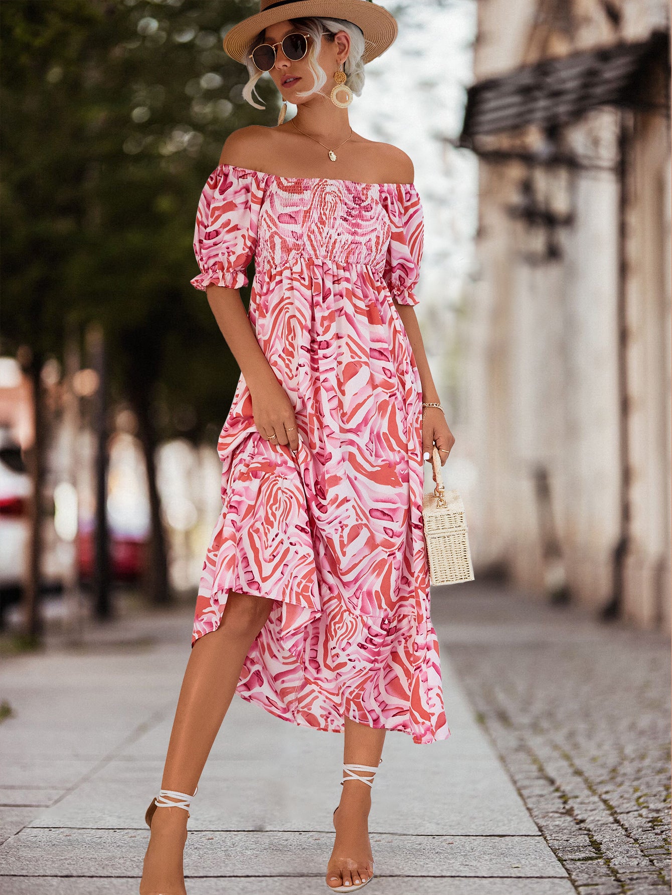 Smocked Print Off The Shoulder Midi Dress