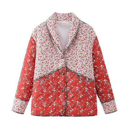 Ethnic style Floral Print Color Contrast Quilted Jacket