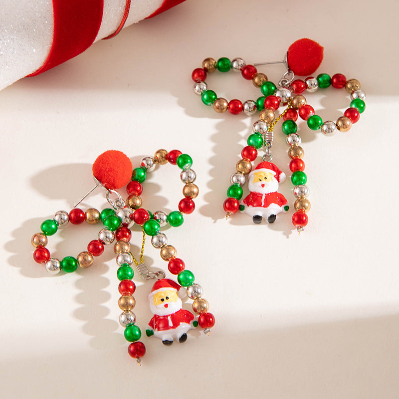 Christmas Beaded Bow Santa Earrings