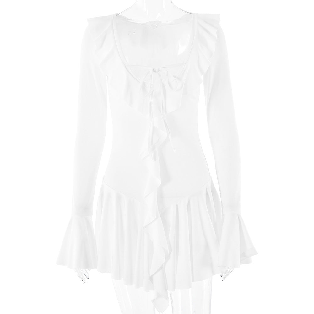 Deep V-Neck And Ruffled Flared Sleeves Mini Dress