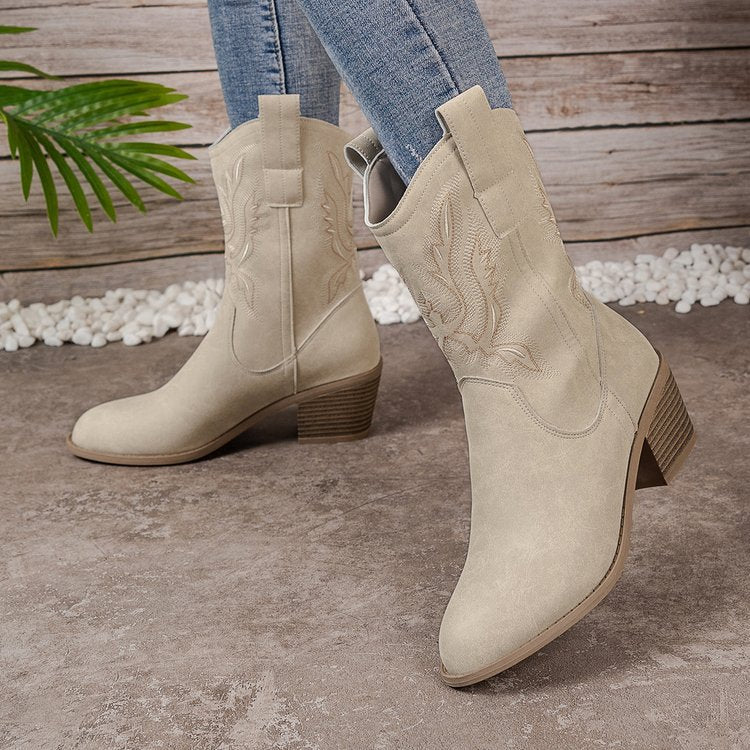 Vintage Western Cowboy Embroidered High-Heeled Knight Ankle Boots