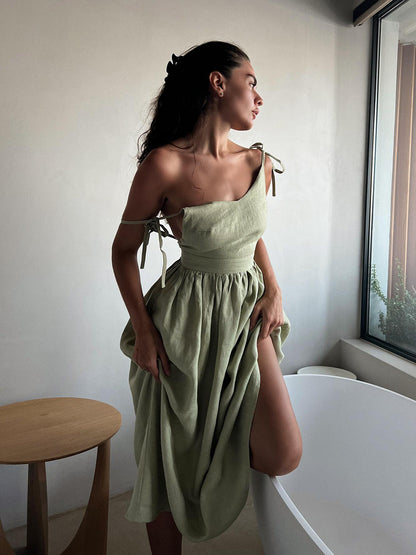 Beach Casual Vacation Halter Backless Midi Dress