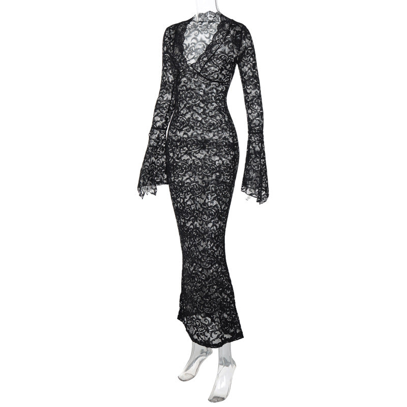 V-Neck Long Sleeve Slim Lace Maxi Dress