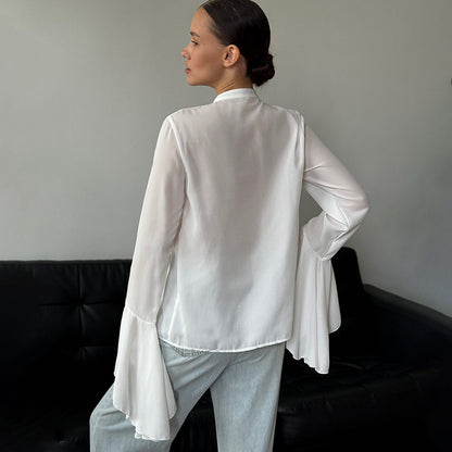 Crew Neck Bell Sleeve Sheer Chiffon Waterfall Ruffle Blouse