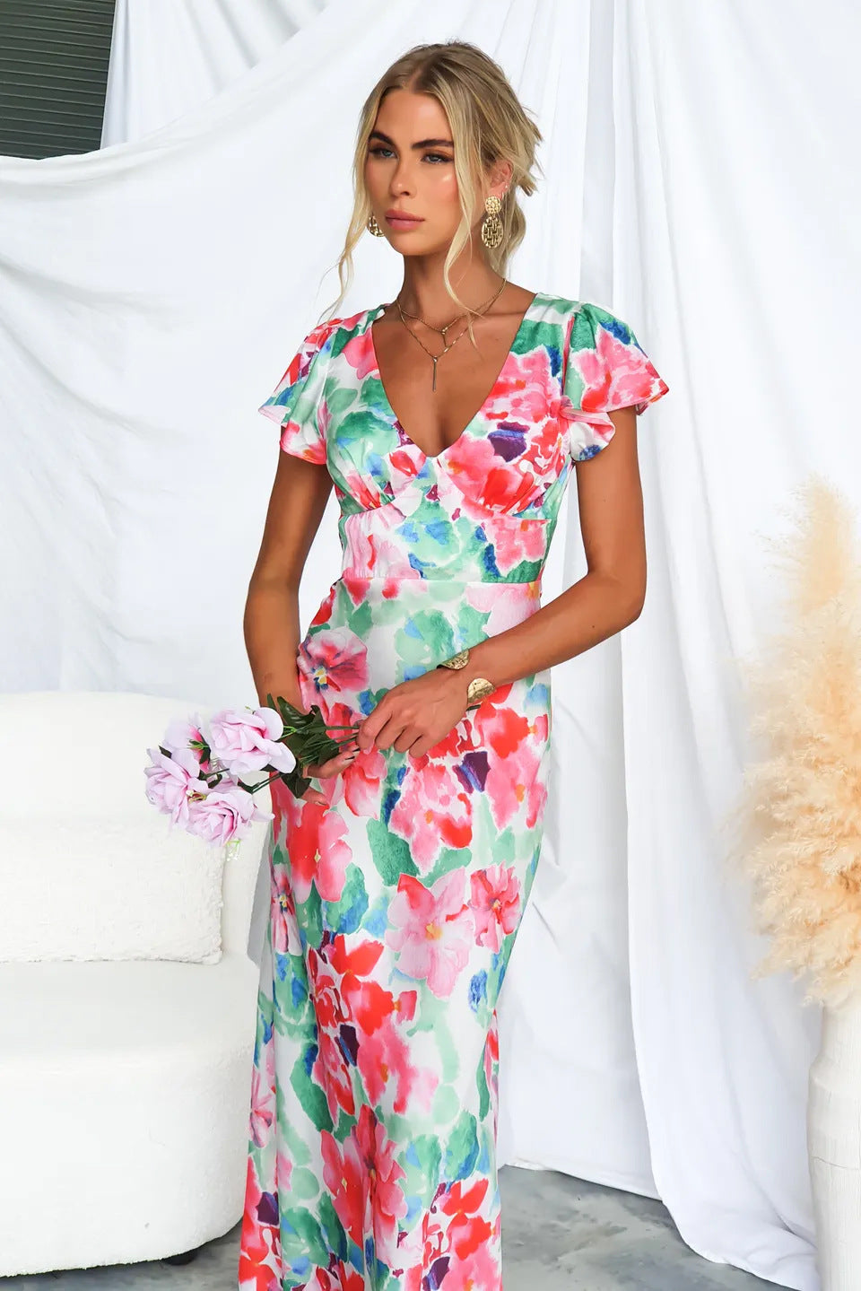 Flower Print V-neck Peplum Sleeve Maxi Dress