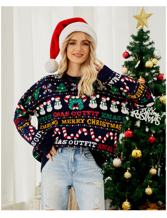 Snowman Pattern Sequin Bow Knit Sweater