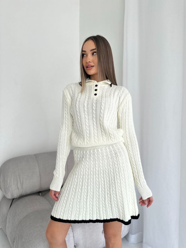 Solid Color Slim Knit Long Sleeve Skirt Two-Piece Set