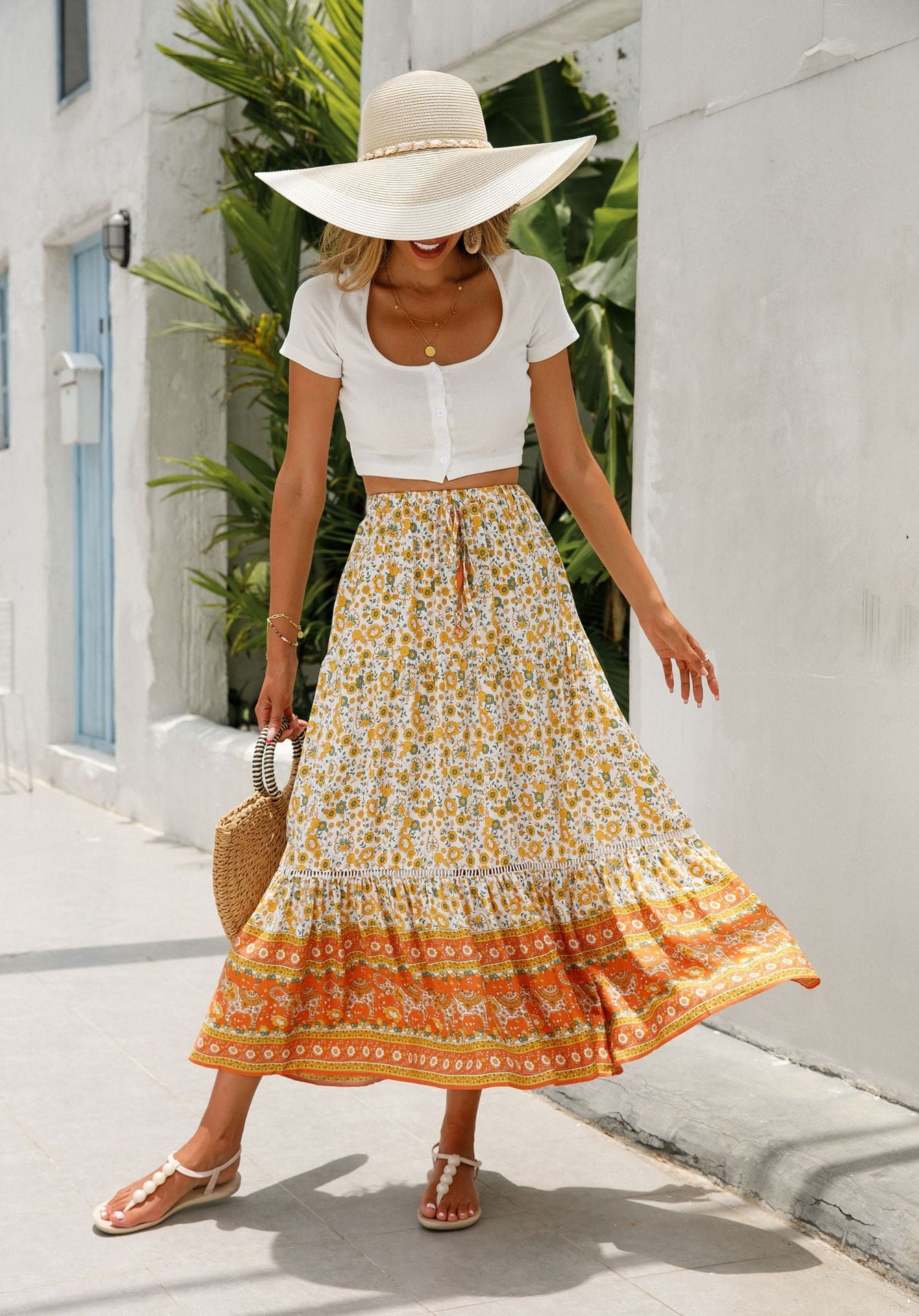 Romantic Boho Floral Print High Waist Skirt