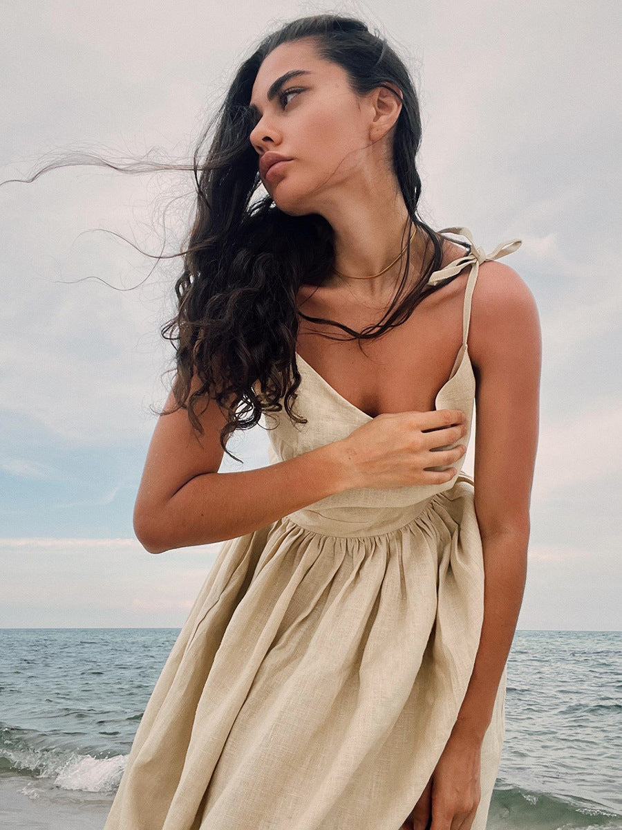 Beach Casual Vacation Halter Backless Midi Dress