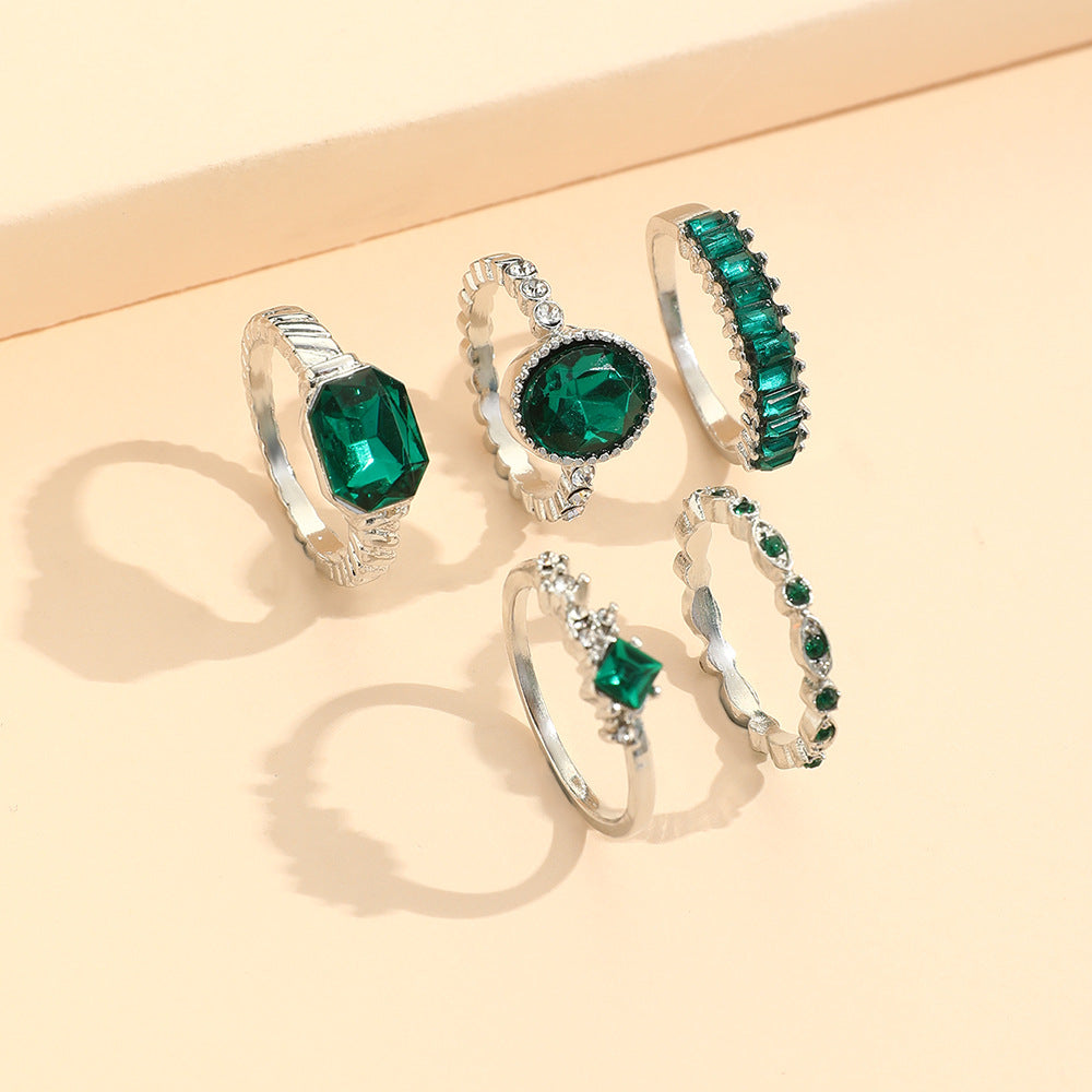 Imitation Emerald Diamond Ring Set 5 Pcs