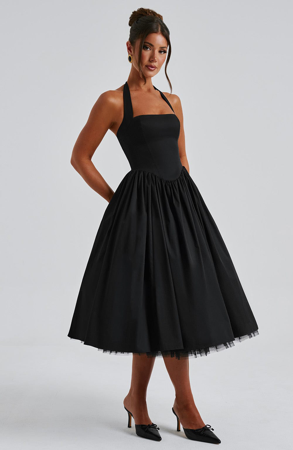 Strappy Bow Waisted Mesh Puffy Midi Dress