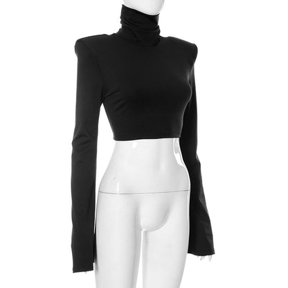 High Neck Padded Shoulder Flare Sleeve Crop Top