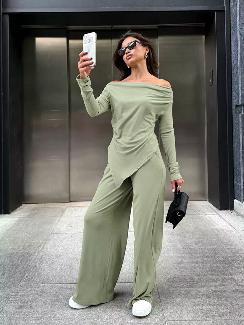 Strapless Ruched Slim Long Sleeve Top Wide Leg Pants Set