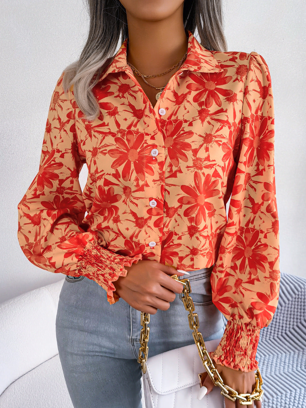 Lantern Sleeve Floral Print Shirt