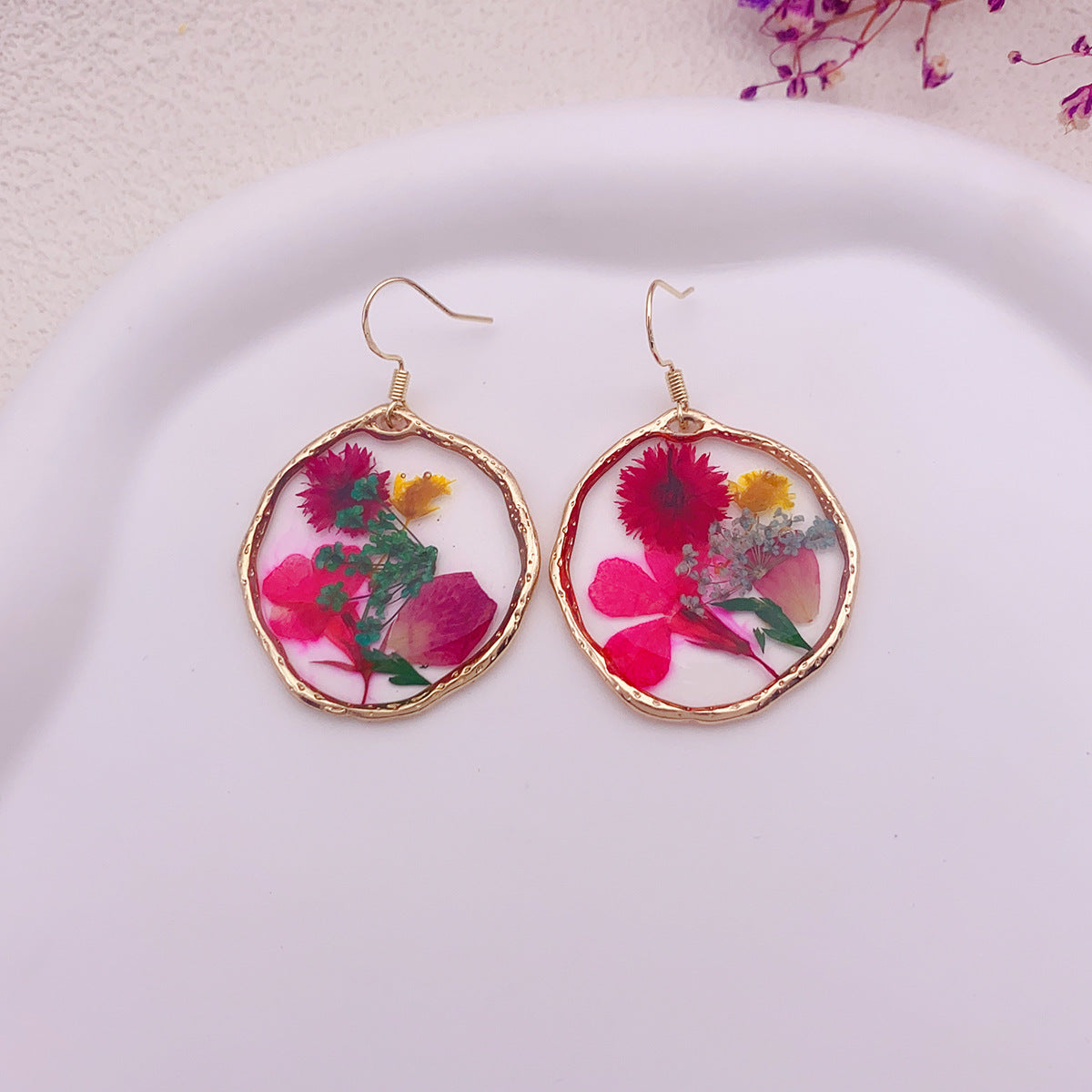 Drop Glue Multicolour Dried Flower Gold Earrings