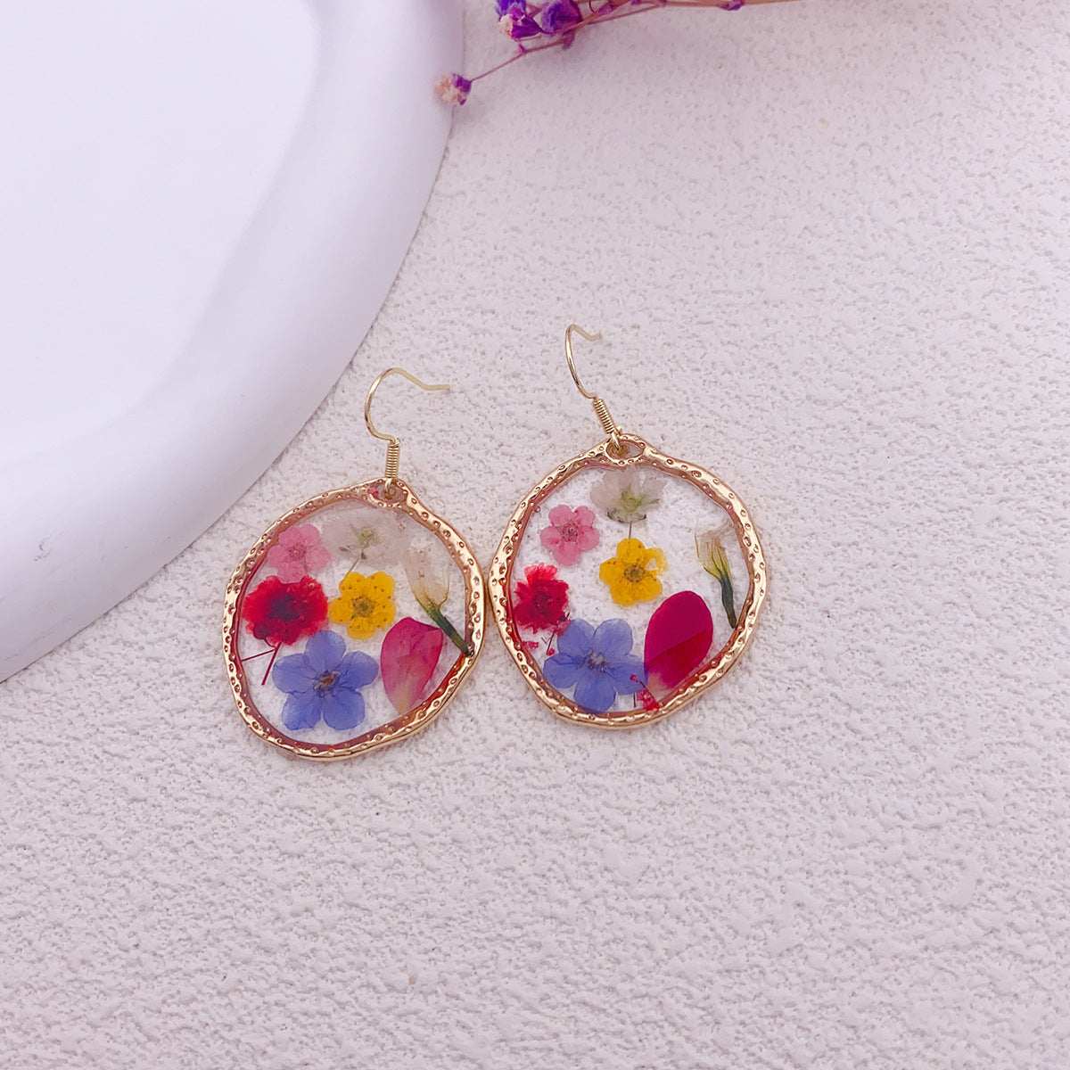 Drop Glue Multicolour Dried Flower Gold Earrings