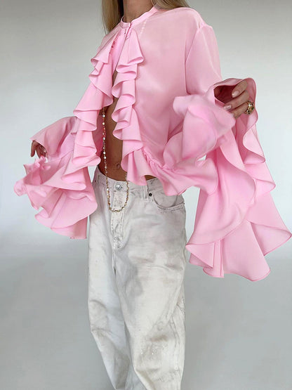 Crew Neck Bell Sleeve Sheer Chiffon Waterfall Ruffle Blouse