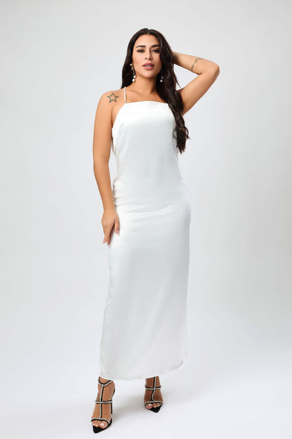 Elegant Backless Pearl Halter Maxi Dress