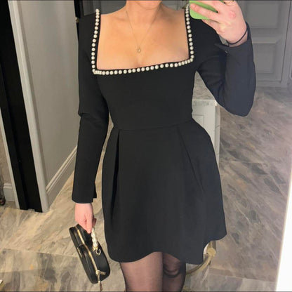 Pearl Square Neck Long Sleeve Mini Dress