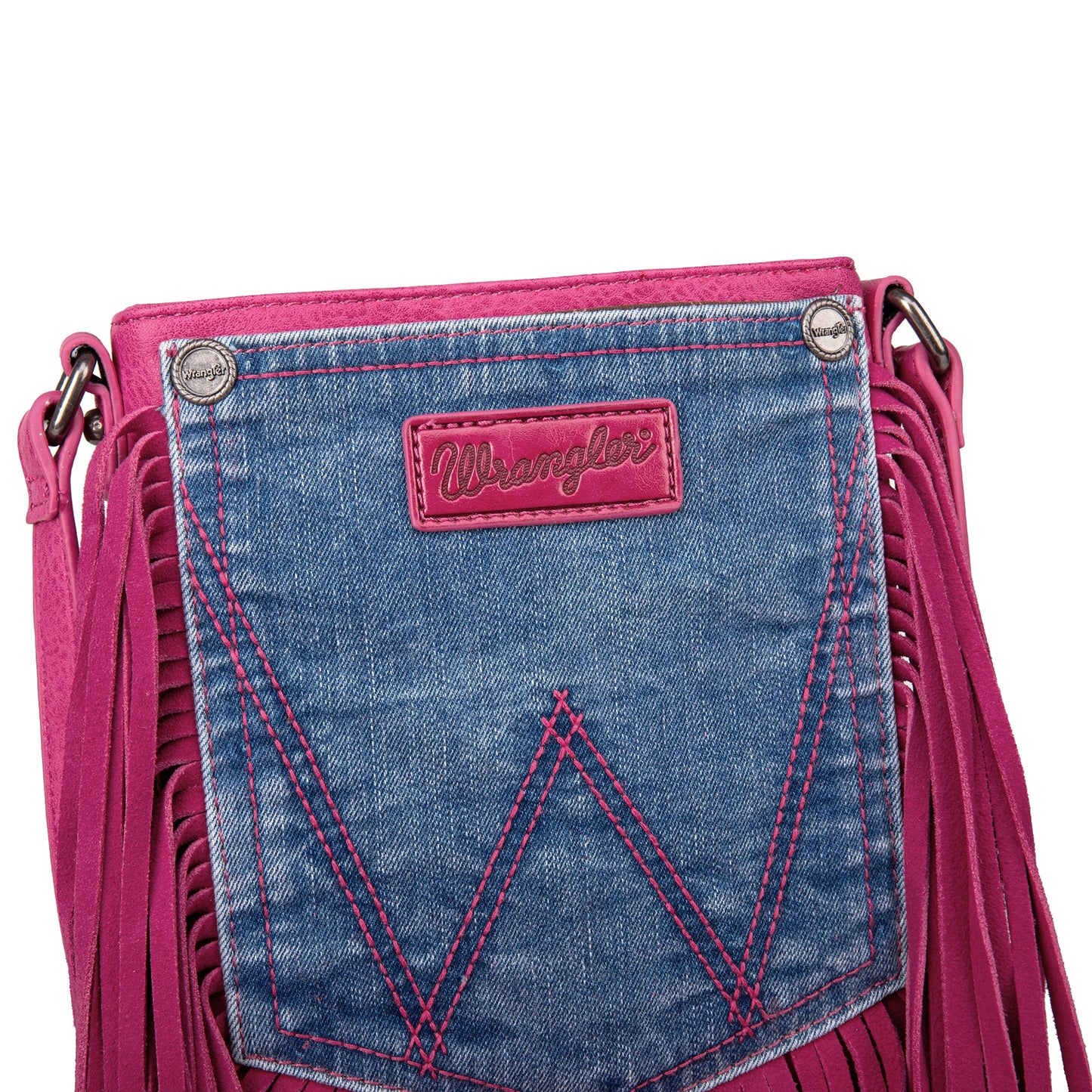 Wrangler Leather Fringe Jean Denim Pocket Crossbody