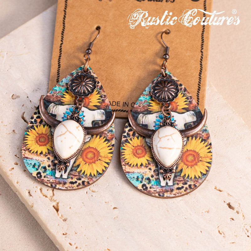 Rustic Couture's® Metal Sunflower Wood Painted Bull Skull Dangling Earring