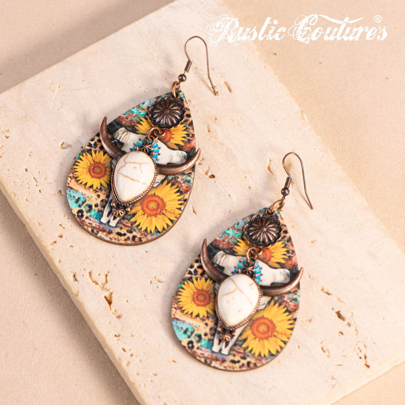 Rustic Couture's® Metal Sunflower Wood Painted Bull Skull Dangling Earring