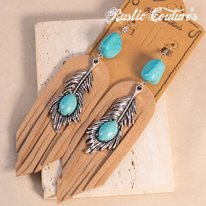 Rustic Couture's® Leather Feather Natural Stone Dangling Earring