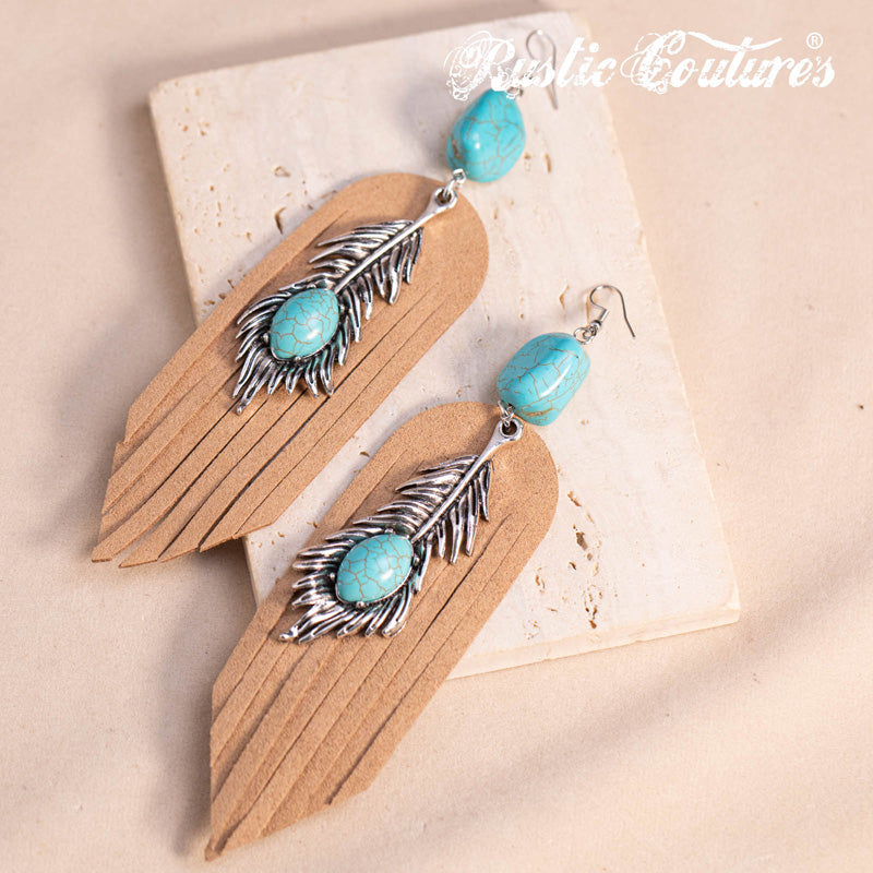 Rustic Couture's® Leather Feather Natural Stone Dangling Earring