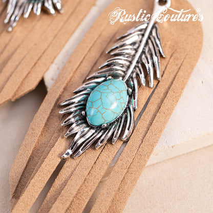 Rustic Couture's® Leather Feather Natural Stone Dangling Earring