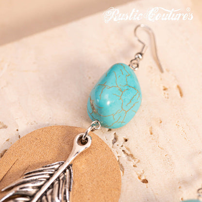 Rustic Couture's® Leather Feather Natural Stone Dangling Earring