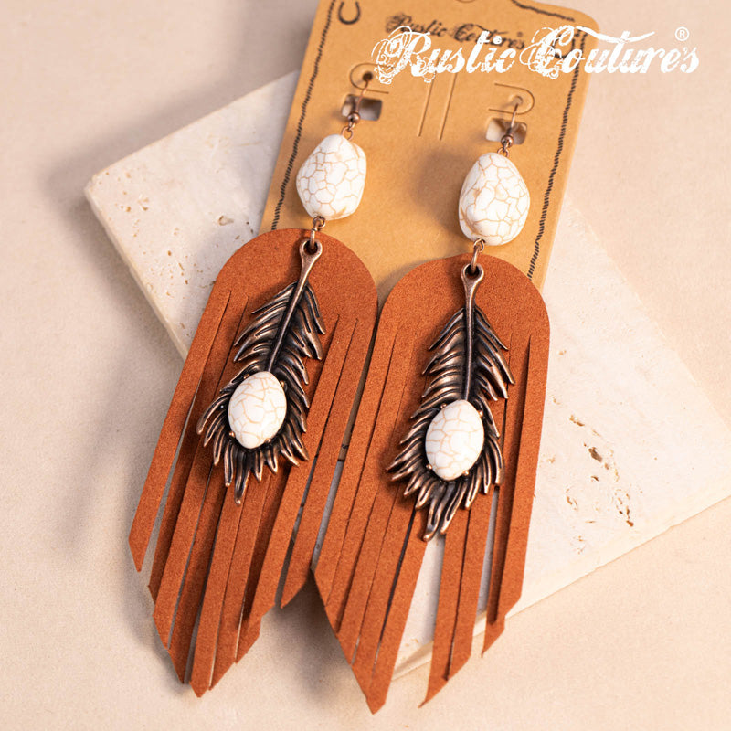 Rustic Couture's® Leather Feather Natural Stone Dangling Earring