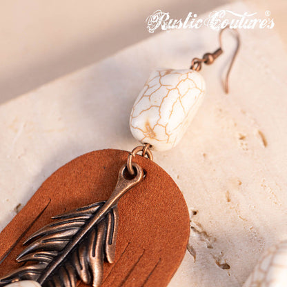 Rustic Couture's® Leather Feather Natural Stone Dangling Earring