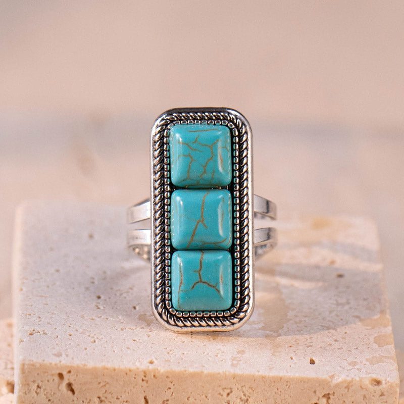 Rustic Couture's® Rectangle Turquoise Stone Open Adjustable Ring