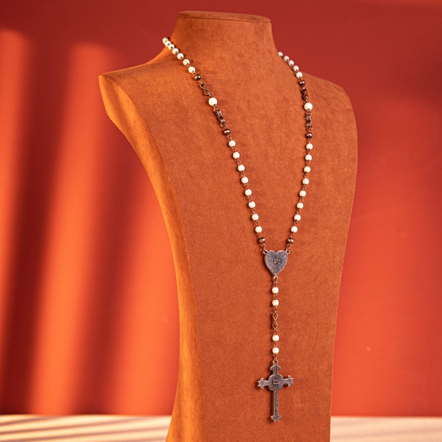 Rustic Couture's Beaded Heart Shape Cross Pendant Necklace