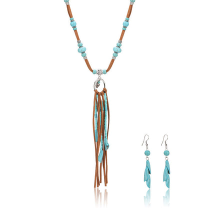 Rustic Couture's® Bohemian Turquoise Pendant Leather Necklace Set