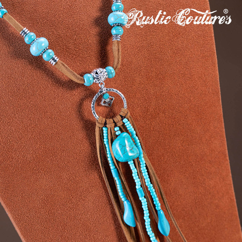 Rustic Couture's® Bohemian Turquoise Pendant Leather Necklace Set