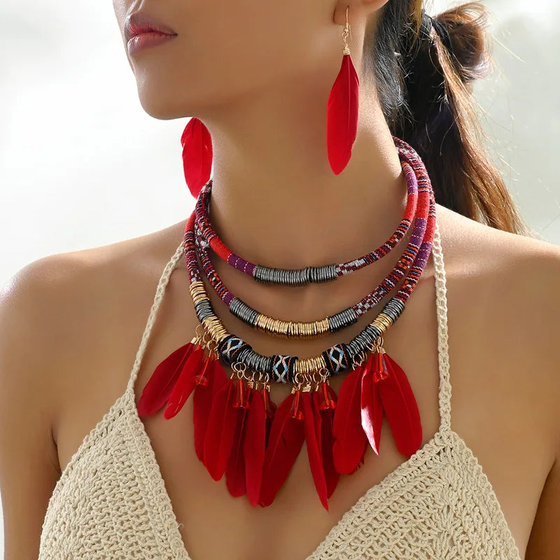 Boho Feather Multi Layer Necklace & Earrings Set