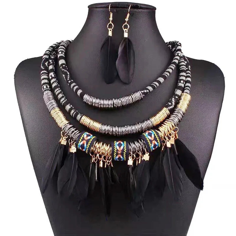 Boho Feather Multi Layer Necklace & Earrings Set