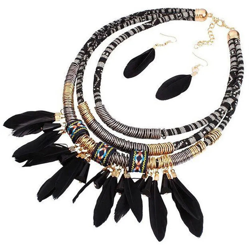 Boho Feather Multi Layer Necklace & Earrings Set